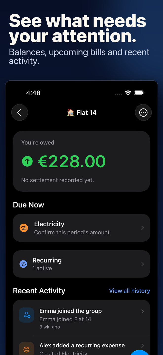 A PaySplit group home showing recent shared expenses.