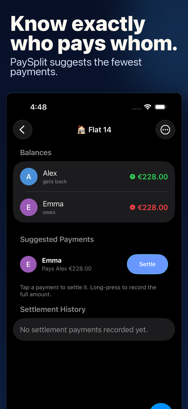 PaySplit balances screen showing each member's balance and the suggested settle-up payments.