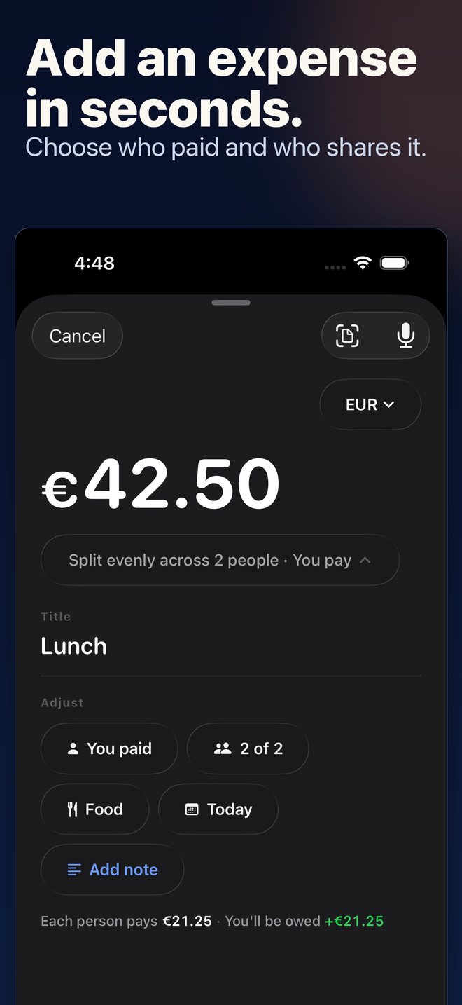 Adding an expense in PaySplit with payer, amount and split.