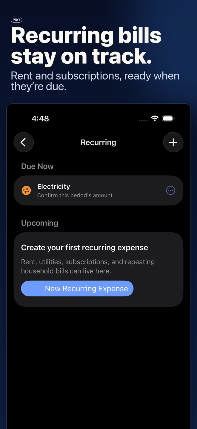 PaySplit recurring expenses screen listing repeating shared bills.