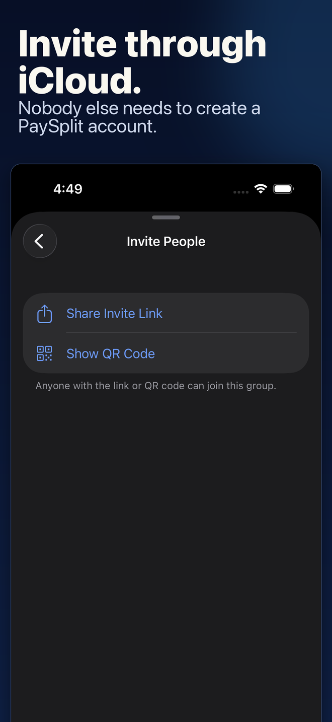 PaySplit group invite screen sharing a group through iCloud.